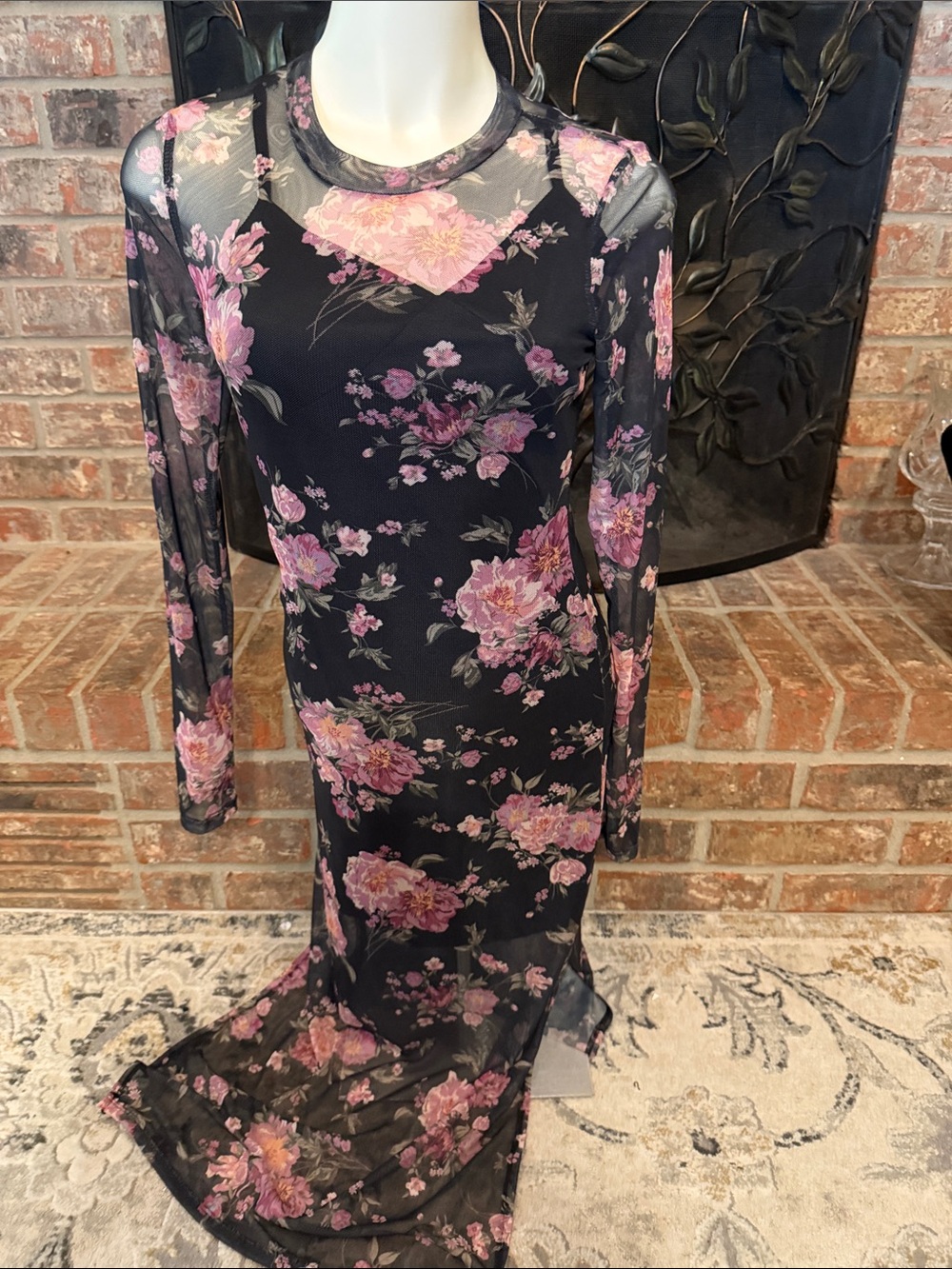 NWT Oak & Trellis Black Floral Mesh Midi Dress Size M Sheer Long Sleeve